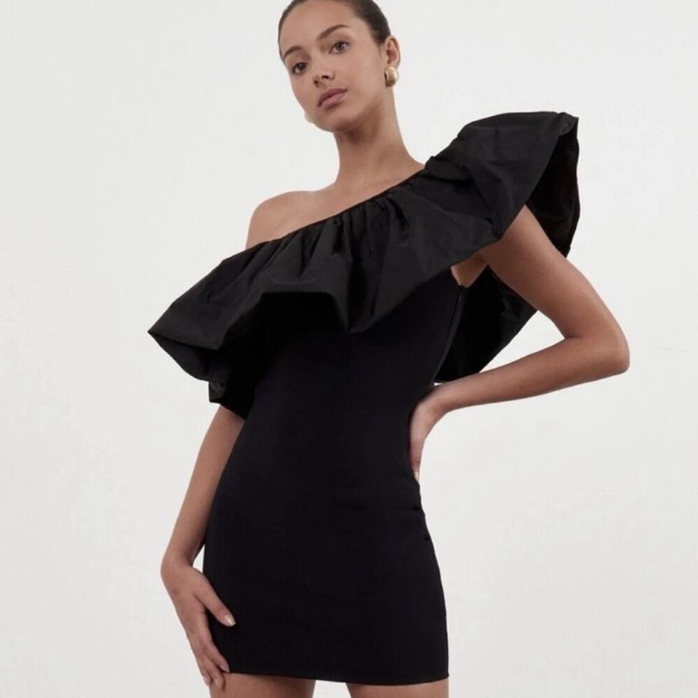 ronny kobo black oversized one shoulder statement bodycon mini dress LBD XS NEW
